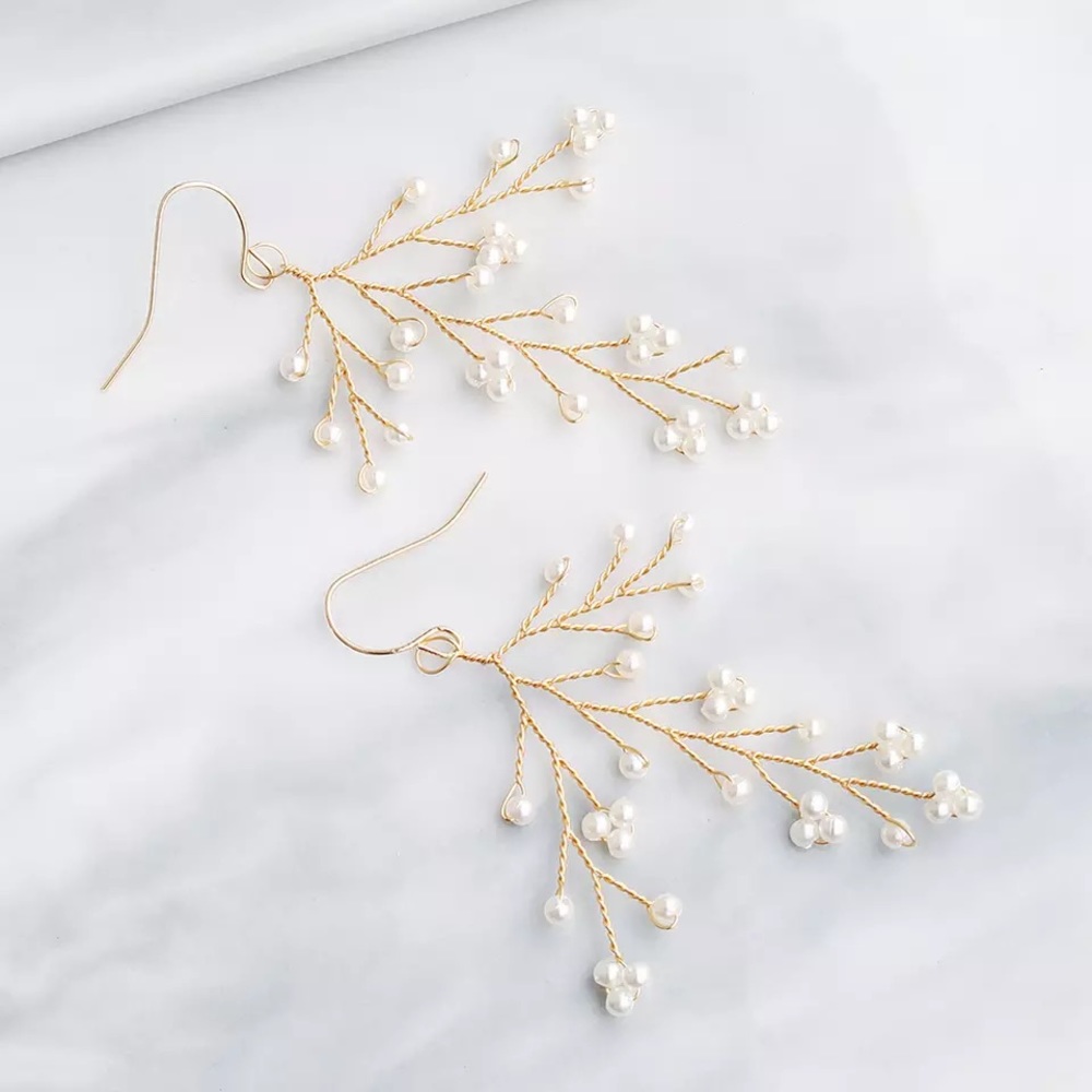 Delicate Gold and Pearl Bridal Dangle Earrings - Picture 6 of 16